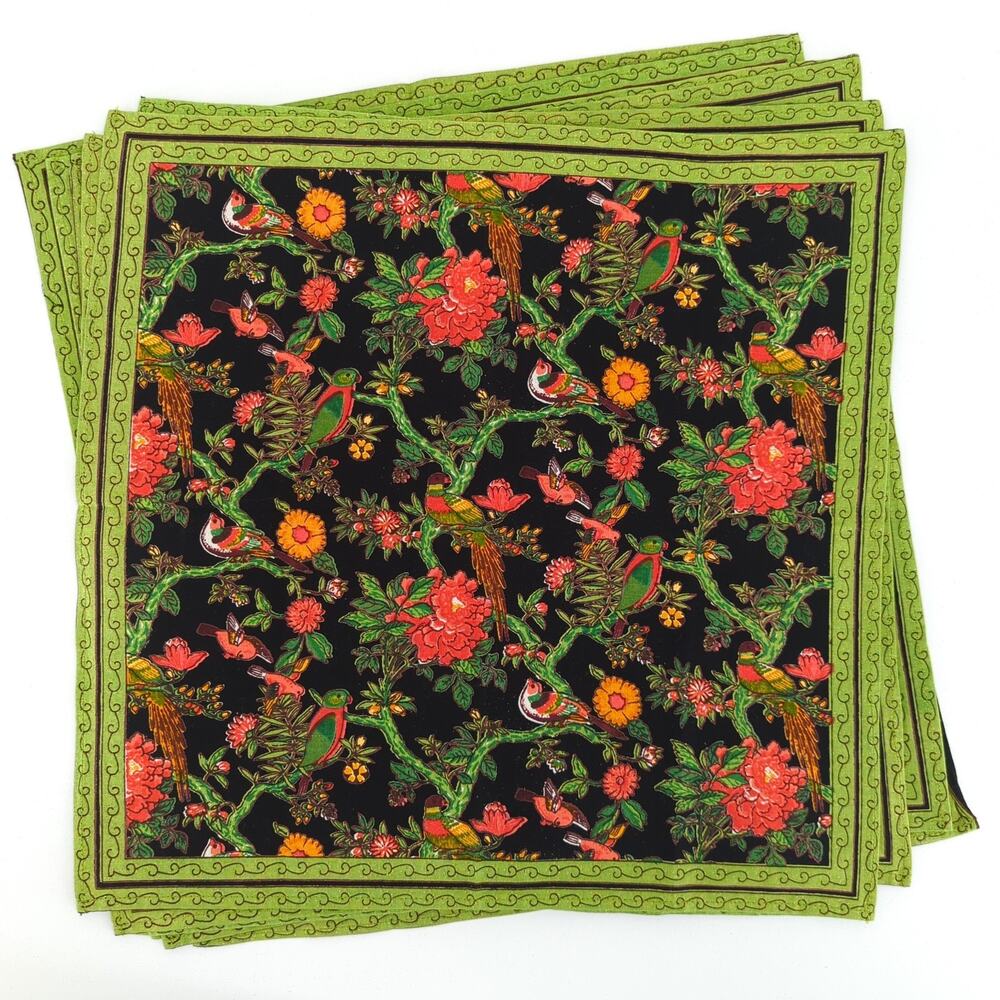 Blue Mongoose Bird Table Napkin Black Green Cotton Floral Set of 8 NEW FLAW